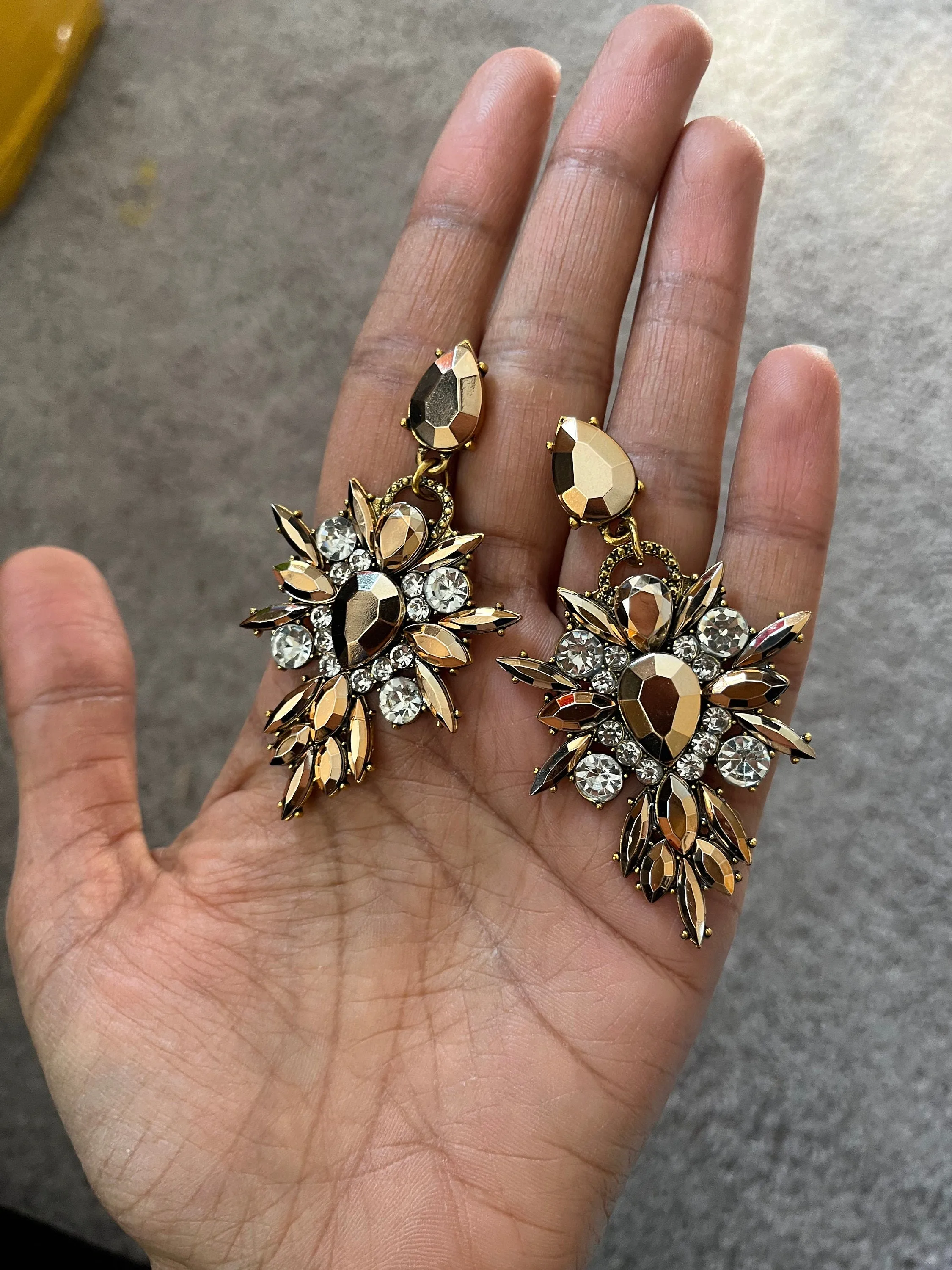 Long gold rhinestone earrings , gold acrylic earrings , gold chandelier earring , gold statement earrings , chunky gold copper  pierced