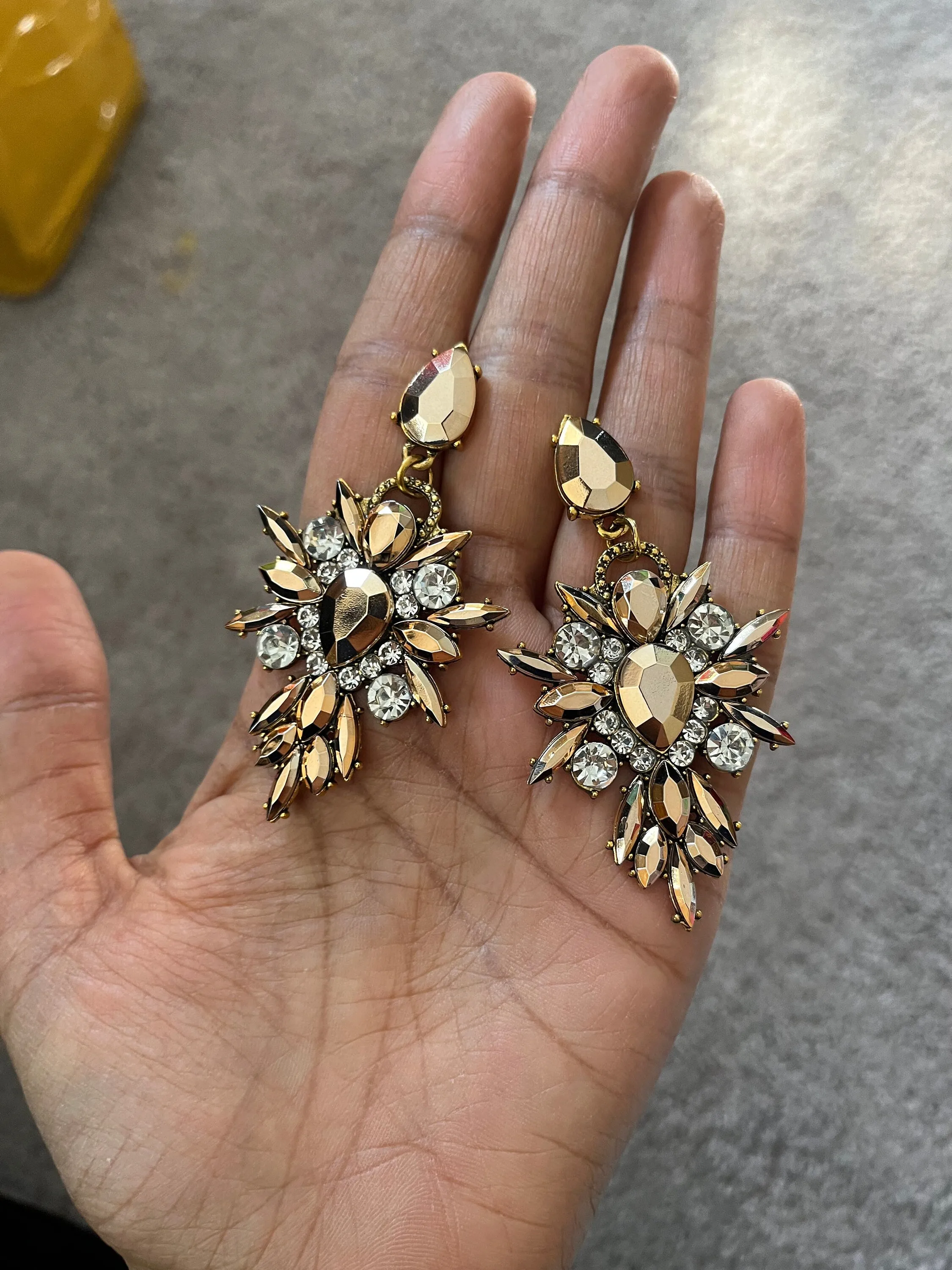 Long gold rhinestone earrings , gold acrylic earrings , gold chandelier earring , gold statement earrings , chunky gold copper  pierced