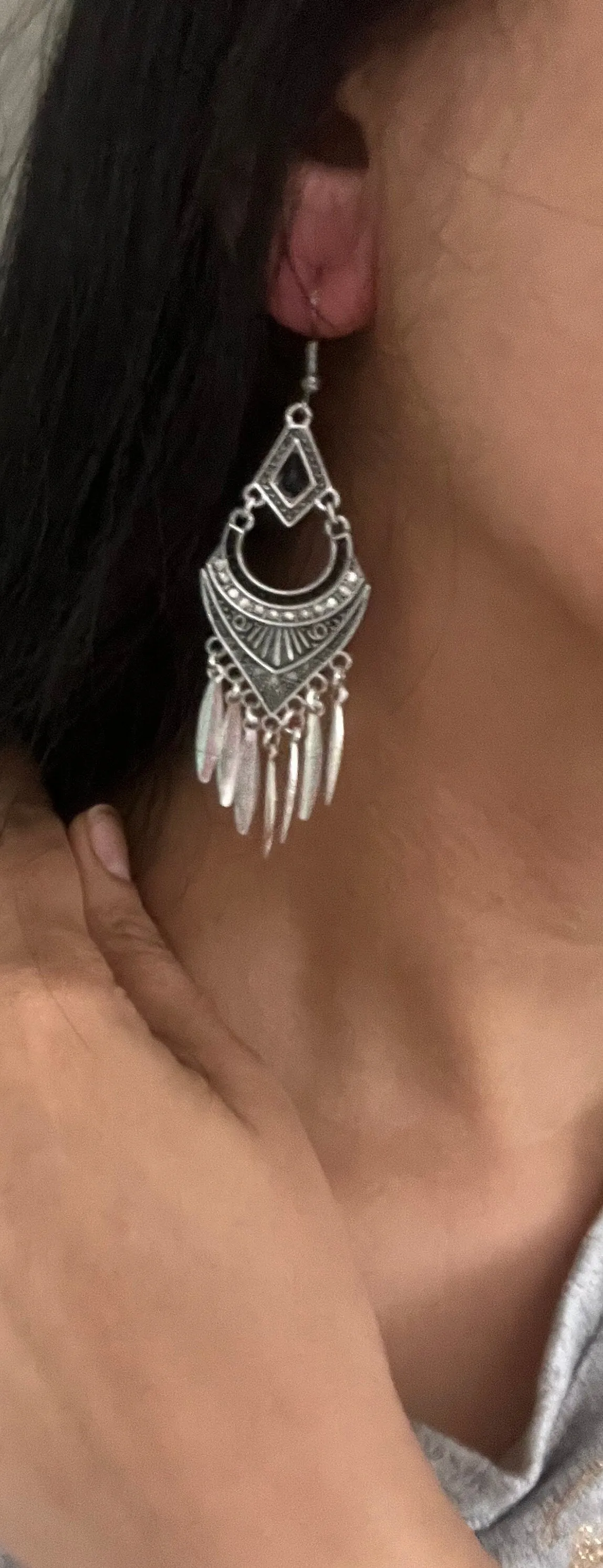 Long Silver earrings , silver black chandelier earrings , carved earrings , metal bohemian earring , boho earring chunky