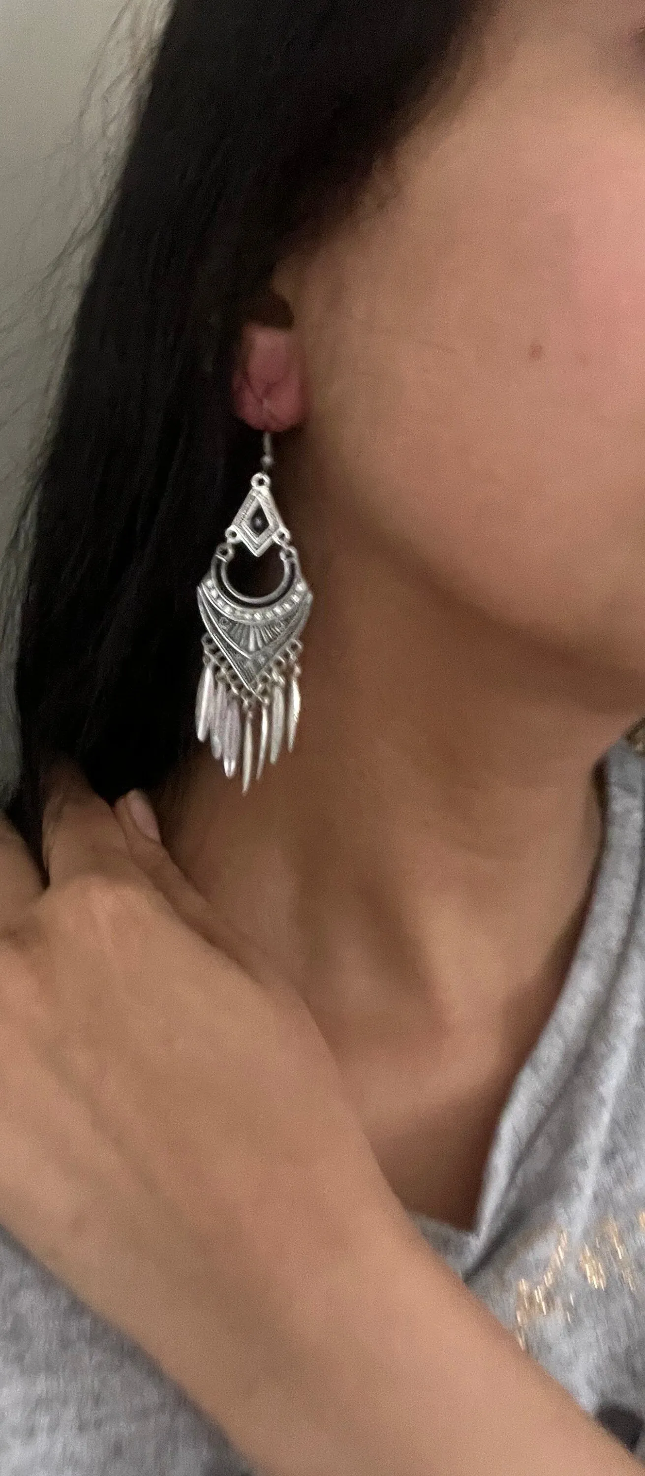 Long Silver earrings , silver black chandelier earrings , carved earrings , metal bohemian earring , boho earring chunky