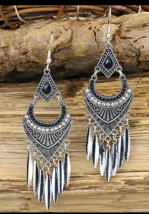 Long Silver earrings , silver black chandelier earrings , carved earrings , metal bohemian earring , boho earring chunky