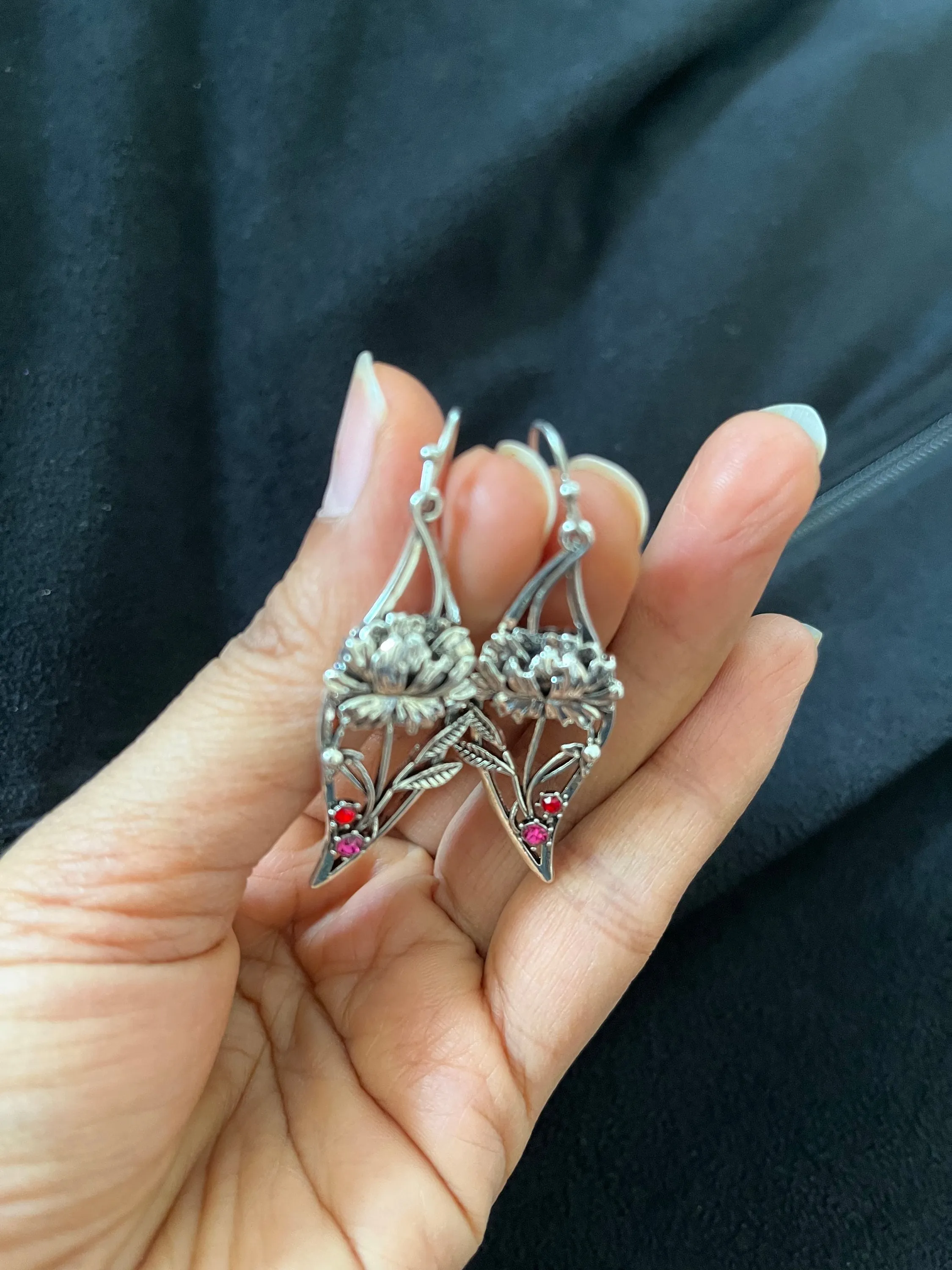 Long silver rose  earrings , silver leaf earrings , carved red silver earrings  , vintage style earring