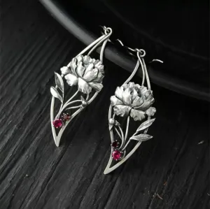 Long silver rose  earrings , silver leaf earrings , carved red silver earrings  , vintage style earring