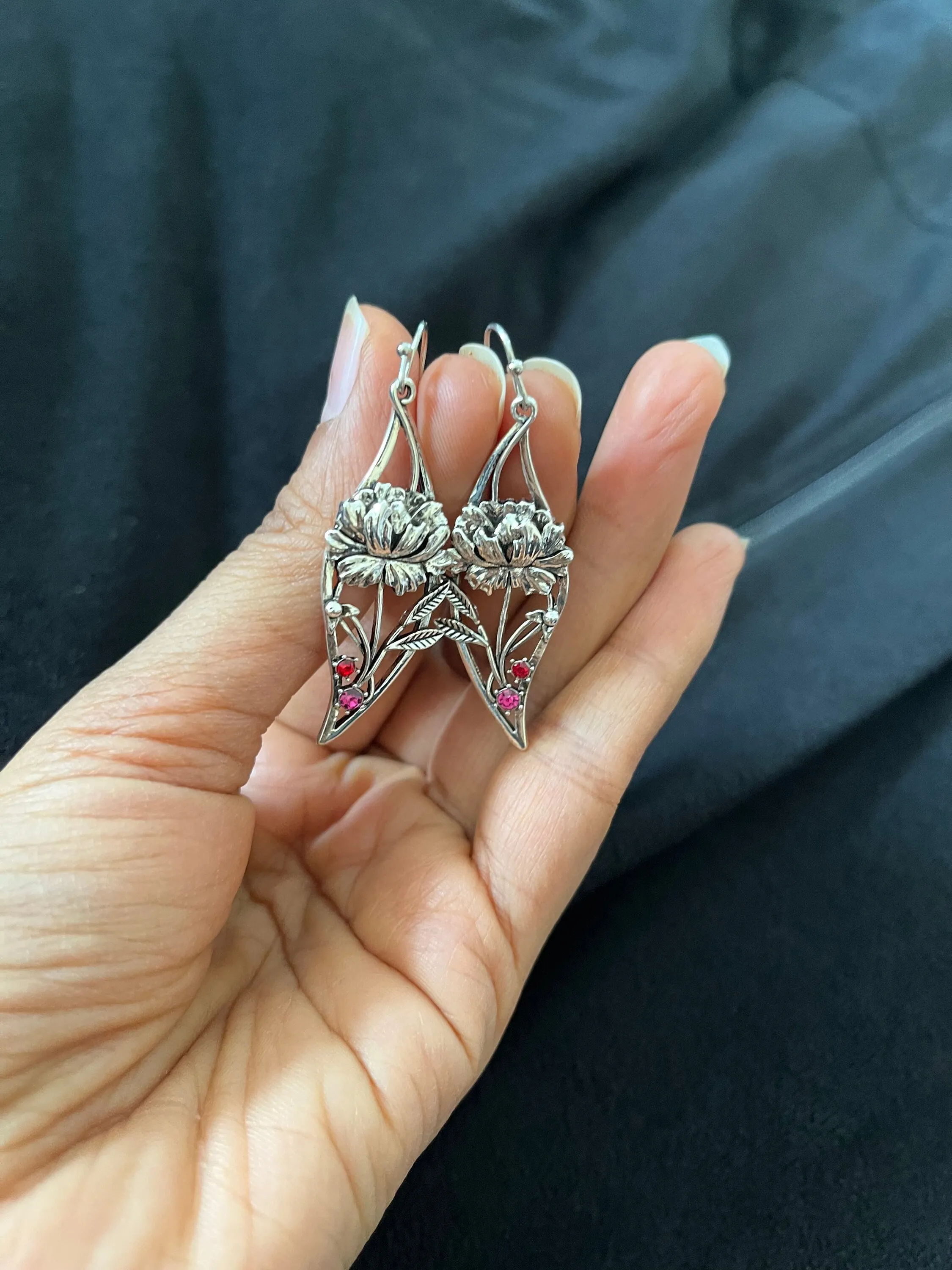 Long silver rose  earrings , silver leaf earrings , carved red silver earrings  , vintage style earring