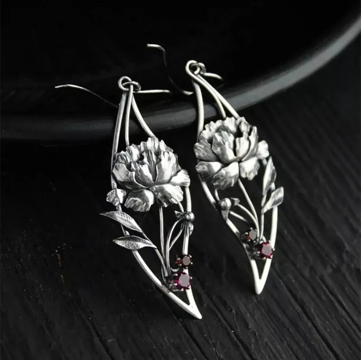 Long silver rose  earrings , silver leaf earrings , carved red silver earrings  , vintage style earring