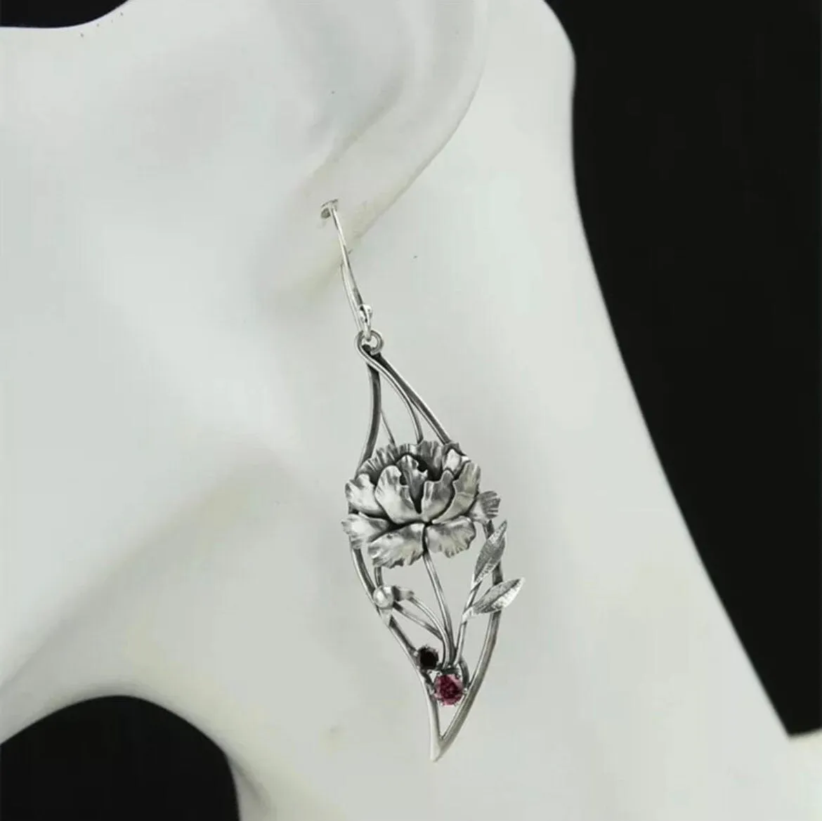 Long silver rose  earrings , silver leaf earrings , carved red silver earrings  , vintage style earring