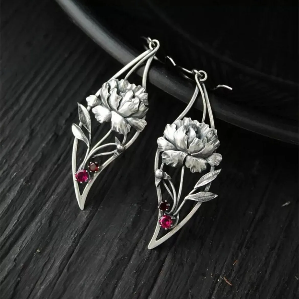 Long silver rose  earrings , silver leaf earrings , carved red silver earrings  , vintage style earring
