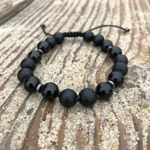 Matte & Polished Black Onyx Adjustable Beaded Bracelet with Hematite Spacers