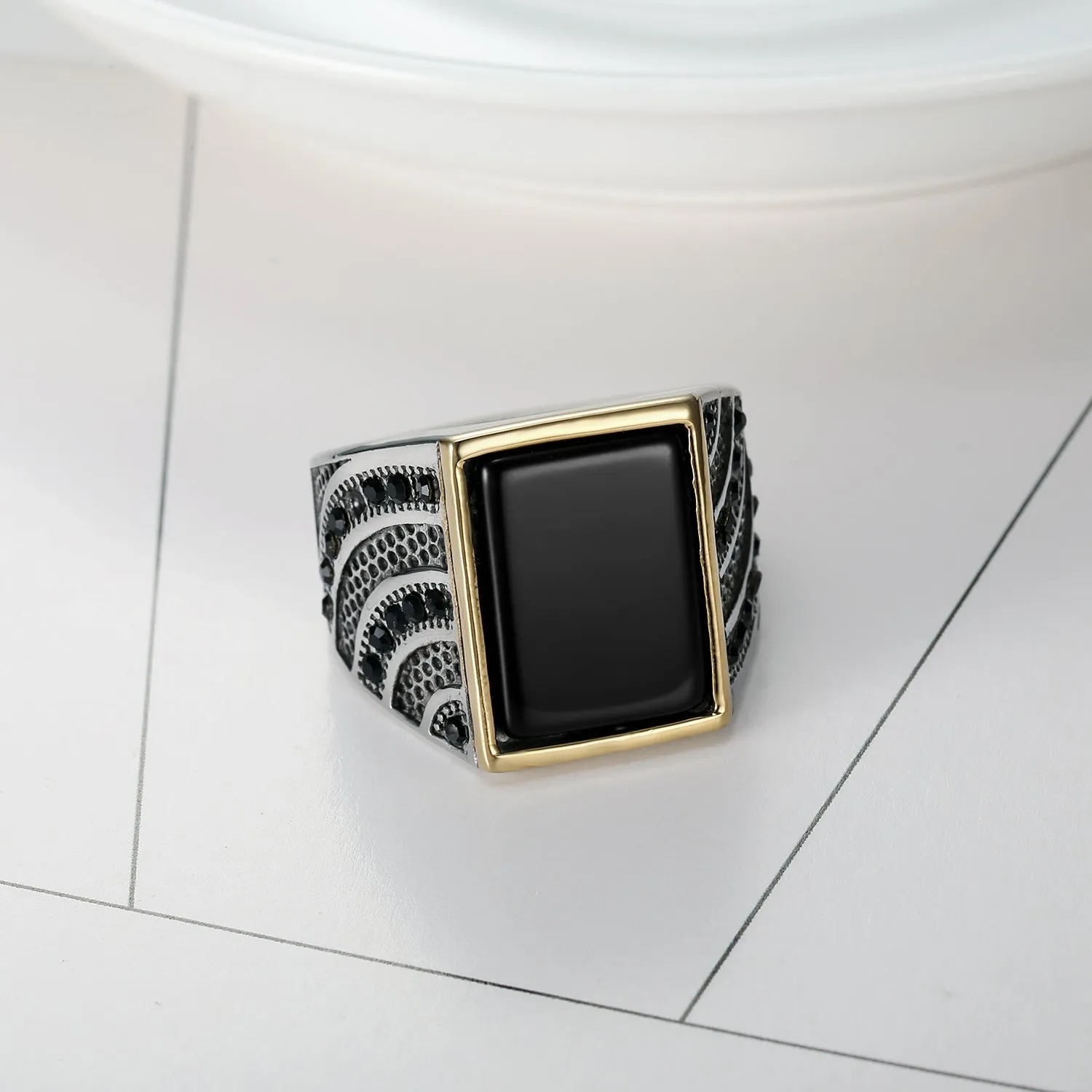 Mens Black Stone Stainless Steel Ring with CZ settings
