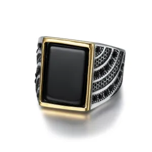 Mens Black Stone Stainless Steel Ring with CZ settings