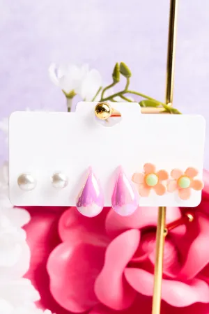 Miami Fun Peach Flower and Bubble Teardrop Earrings 3 Pair Set