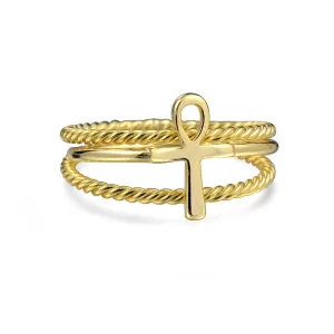 Minimalist Ankh Cross Twisted Stackable Bands Silver Ring Set 14K Gold Plated