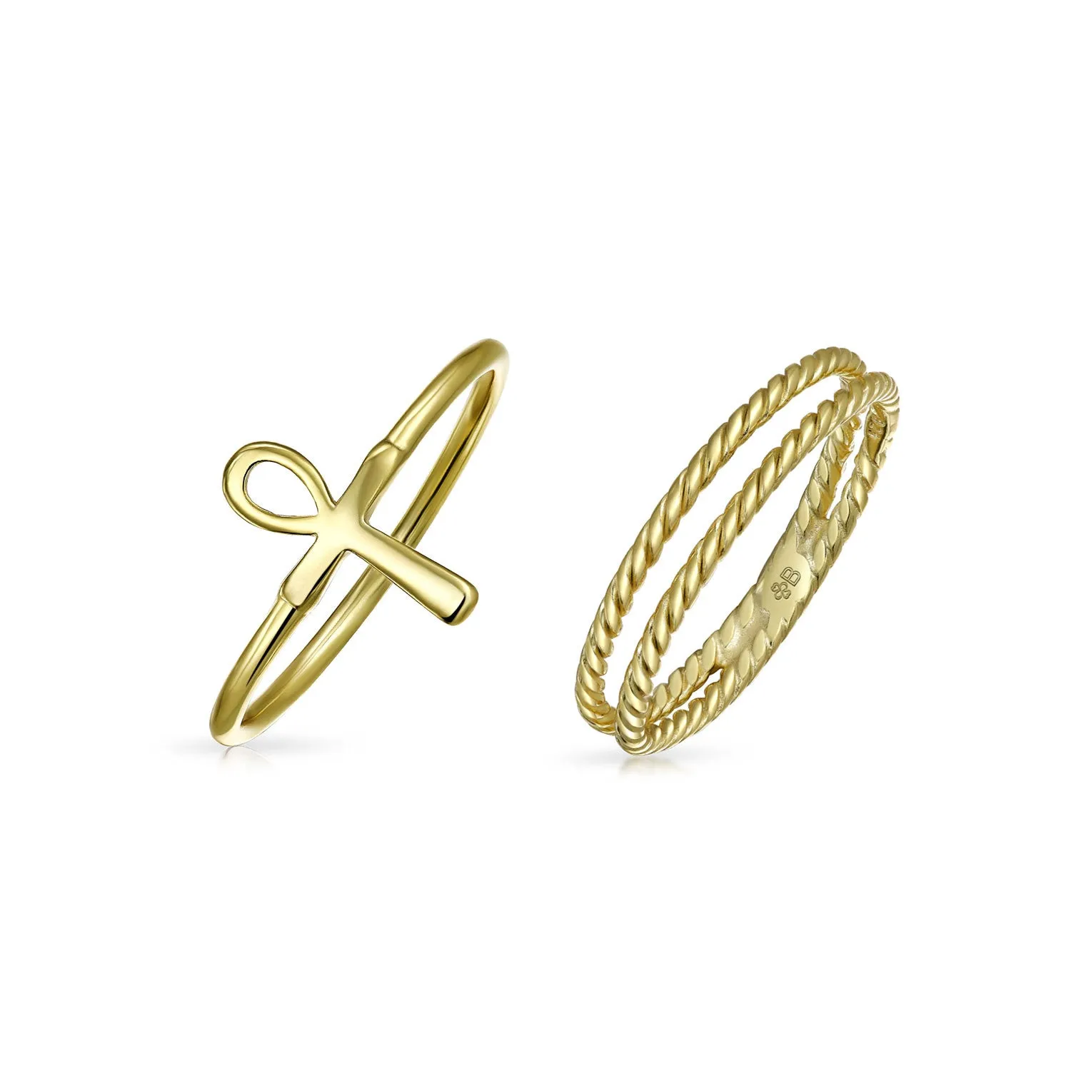 Minimalist Ankh Cross Twisted Stackable Bands Silver Ring Set 14K Gold Plated