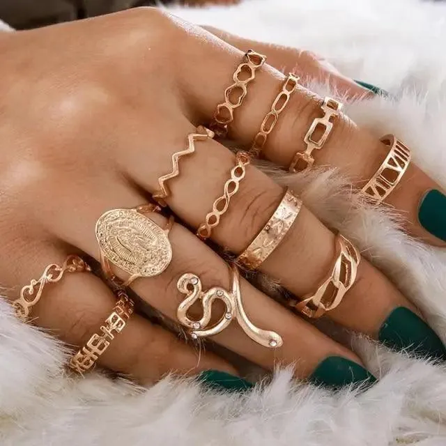 Modern Luxury Ring Set  for Girls Splendid Fashionable Crystal Sun Pearl Rings Set for Women And Girls Gold Color Heart Knuckle Rings - Female