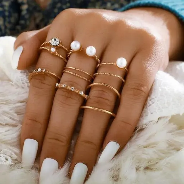 Modern Luxury Ring Set  for Girls Splendid Fashionable Crystal Sun Pearl Rings Set for Women And Girls Gold Color Heart Knuckle Rings - Female