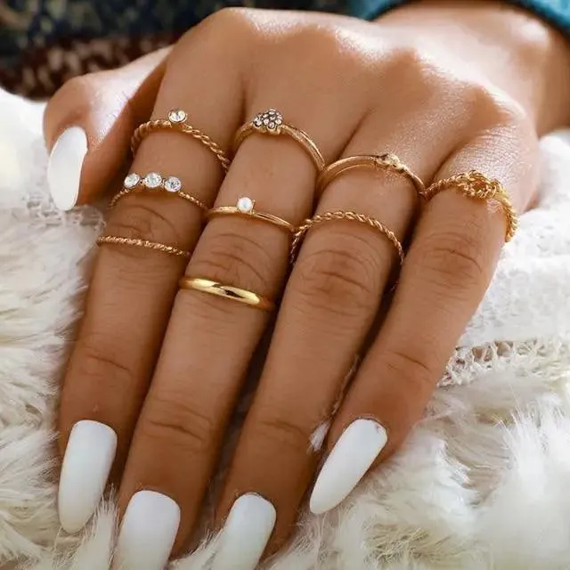 Modern Luxury Ring Set  for Girls Splendid Fashionable Crystal Sun Pearl Rings Set for Women And Girls Gold Color Heart Knuckle Rings - Female