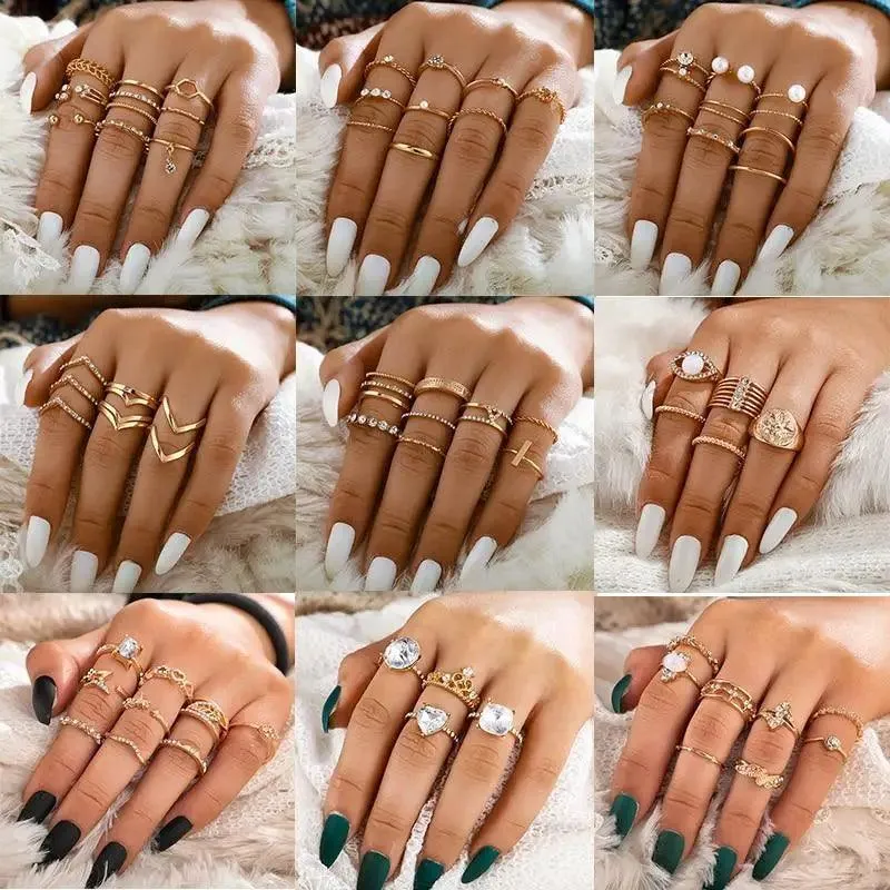 Modern Luxury Ring Set  for Girls Splendid Fashionable Crystal Sun Pearl Rings Set for Women And Girls Gold Color Heart Knuckle Rings - Female