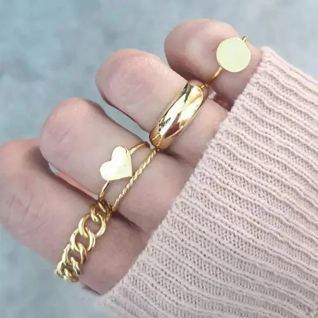 Modern Luxury Ring Set  for Girls Splendid Fashionable Crystal Sun Pearl Rings Set for Women And Girls Gold Color Heart Knuckle Rings - Female