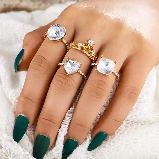 Modern Luxury Ring Set  for Girls Splendid Fashionable Crystal Sun Pearl Rings Set for Women And Girls Gold Color Heart Knuckle Rings - Female