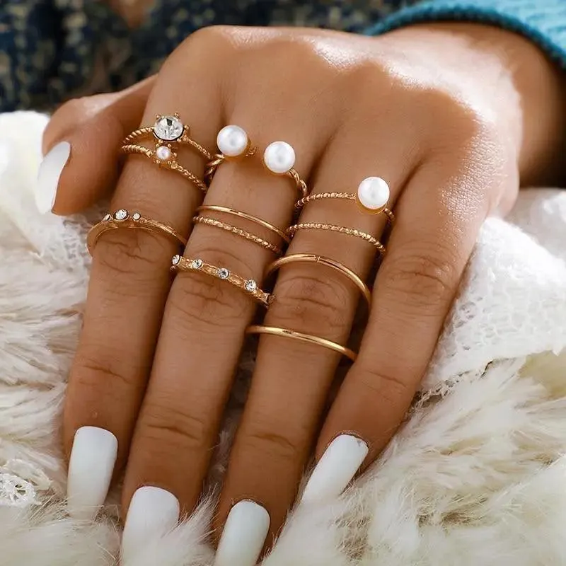Modern Luxury Ring Set  for Girls Splendid Fashionable Crystal Sun Pearl Rings Set for Women And Girls Gold Color Heart Knuckle Rings - Female