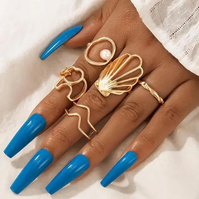Modern Luxury Ring Set  for Girls Splendid Fashionable Crystal Sun Pearl Rings Set for Women And Girls Gold Color Heart Knuckle Rings - Female