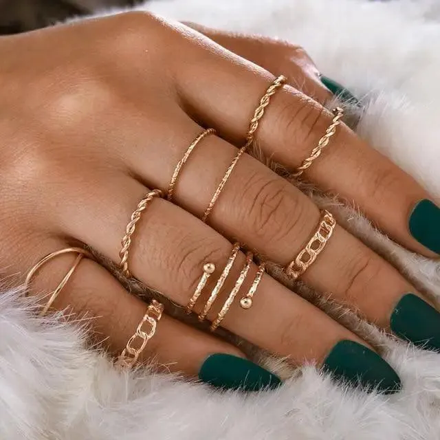 Modern Luxury Ring Set  for Girls Splendid Fashionable Crystal Sun Pearl Rings Set for Women And Girls Gold Color Heart Knuckle Rings - Female