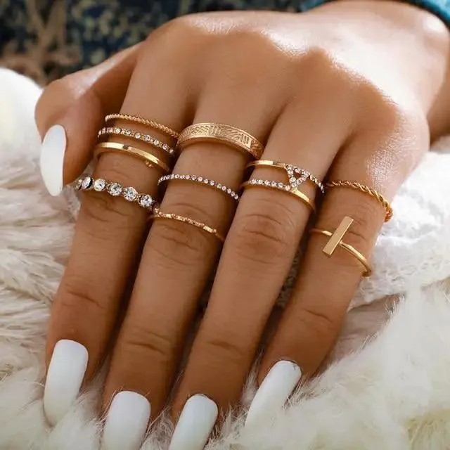Modern Luxury Ring Set  for Girls Splendid Fashionable Crystal Sun Pearl Rings Set for Women And Girls Gold Color Heart Knuckle Rings - Female