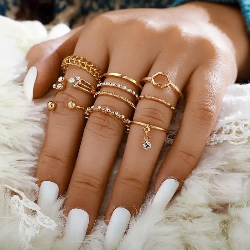 Modern Luxury Ring Set  for Girls Splendid Fashionable Crystal Sun Pearl Rings Set for Women And Girls Gold Color Heart Knuckle Rings - Female
