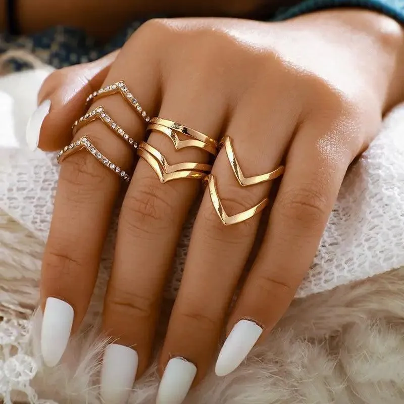 Modern Luxury Ring Set  for Girls Splendid Fashionable Crystal Sun Pearl Rings Set for Women And Girls Gold Color Heart Knuckle Rings - Female