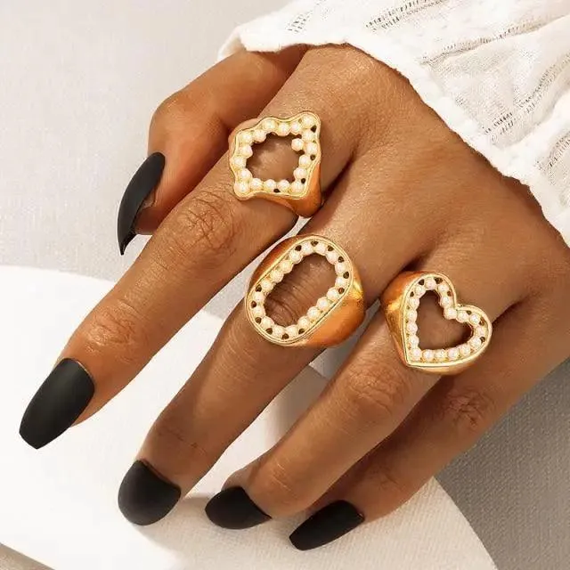 Modern Luxury Ring Set  for Girls Splendid Fashionable Crystal Sun Pearl Rings Set for Women And Girls Gold Color Heart Knuckle Rings - Female