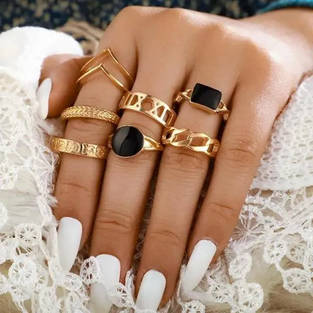 Modern Luxury Ring Set  for Girls Splendid Fashionable Crystal Sun Pearl Rings Set for Women And Girls Gold Color Heart Knuckle Rings - Female