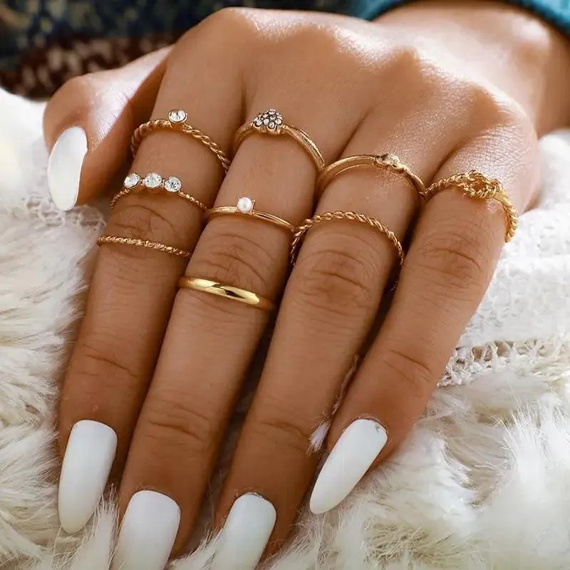 Modern Luxury Ring Set  for Girls Splendid Fashionable Crystal Sun Pearl Rings Set for Women And Girls Gold Color Heart Knuckle Rings - Female