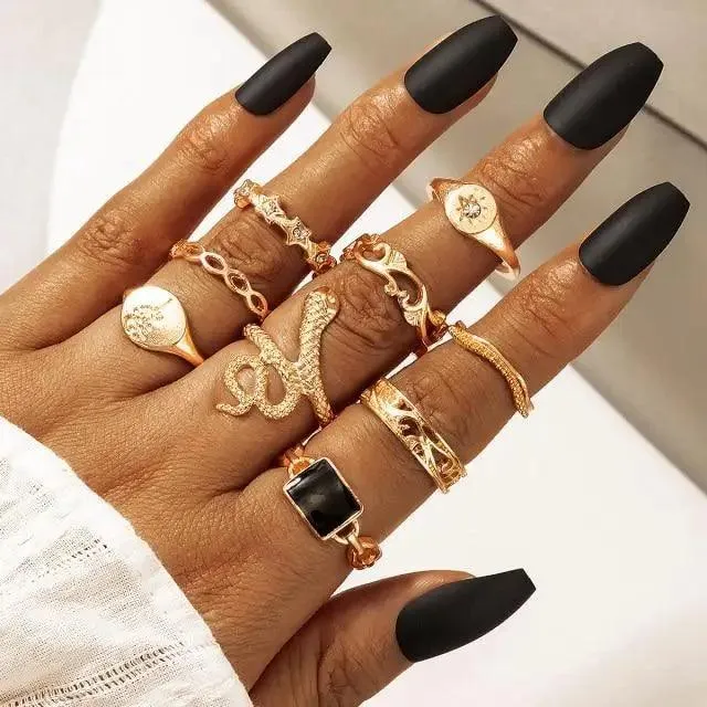 Modern Luxury Ring Set  for Girls Splendid Fashionable Crystal Sun Pearl Rings Set for Women And Girls Gold Color Heart Knuckle Rings - Female