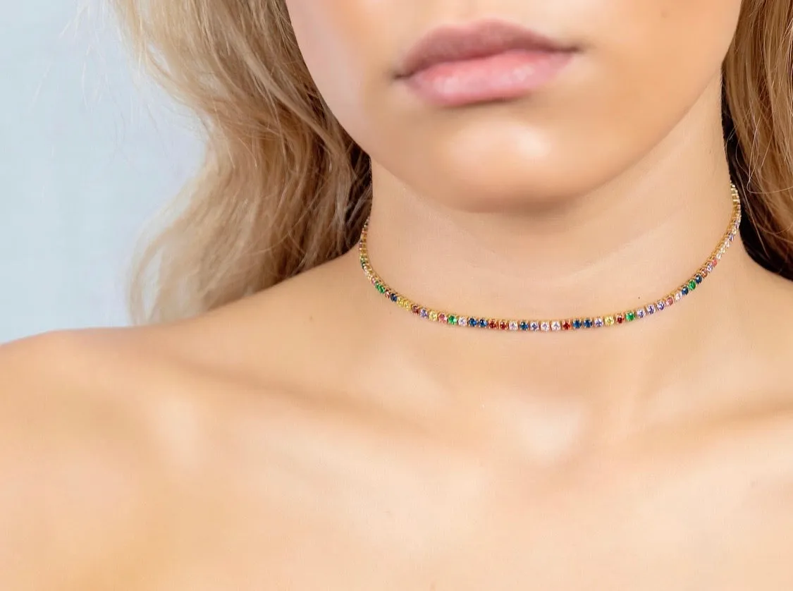 Multi-Color Tennis Chain Necklace - Boho-Chic Choker in 925 Sterling Silver with 18K Gold Plating, 14" Length