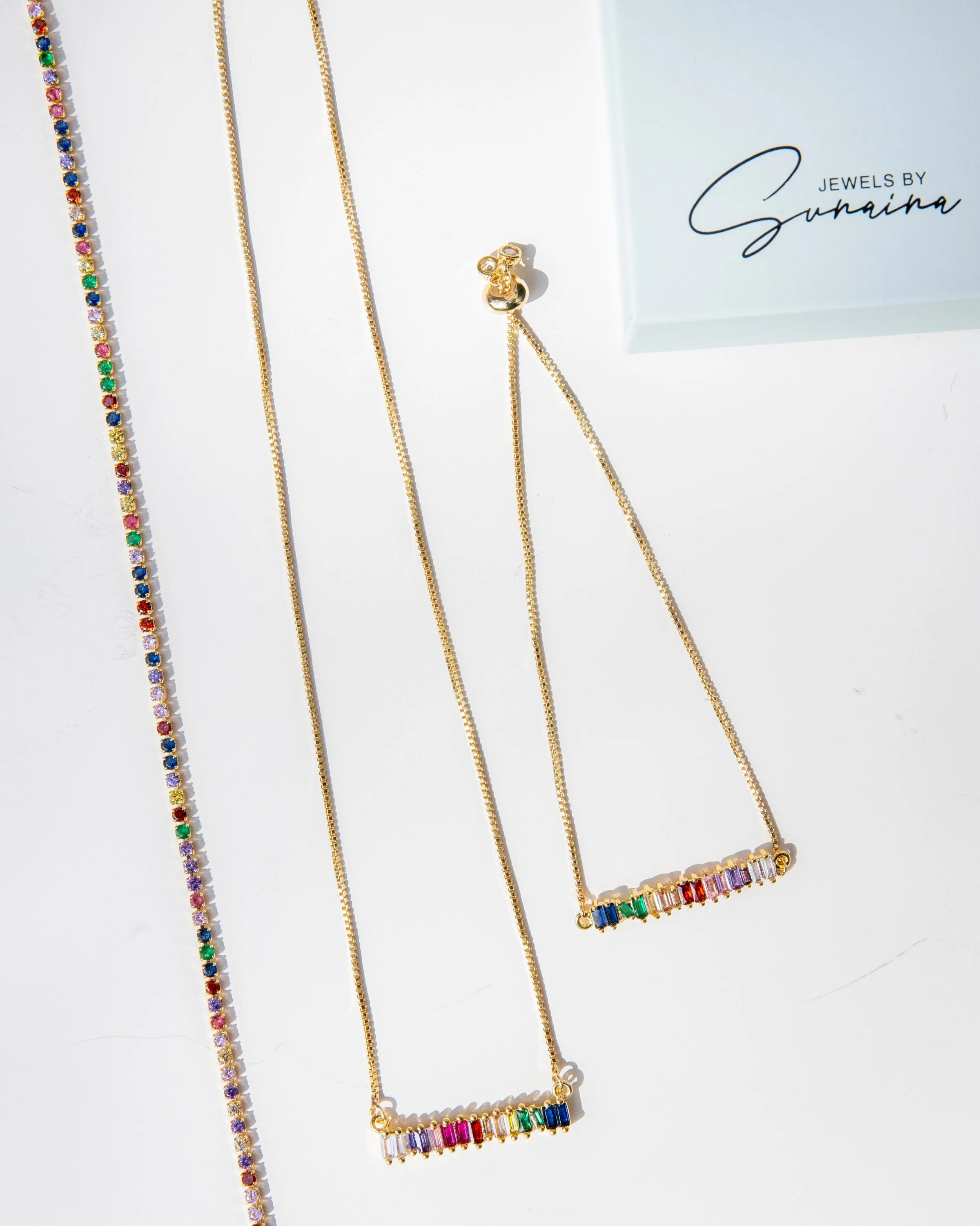 Multi-Color Tennis Chain Necklace - Boho-Chic Choker in 925 Sterling Silver with 18K Gold Plating, 14" Length