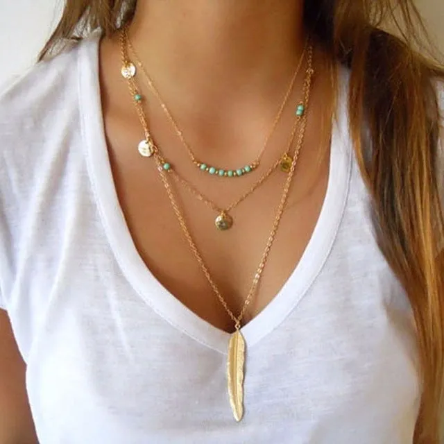 Multi-Layered Leaf Pendant Necklace