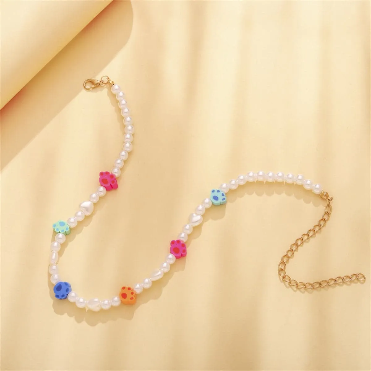 Multicolor Polymer Clay & Pearl Paw Beaded Choker Necklace