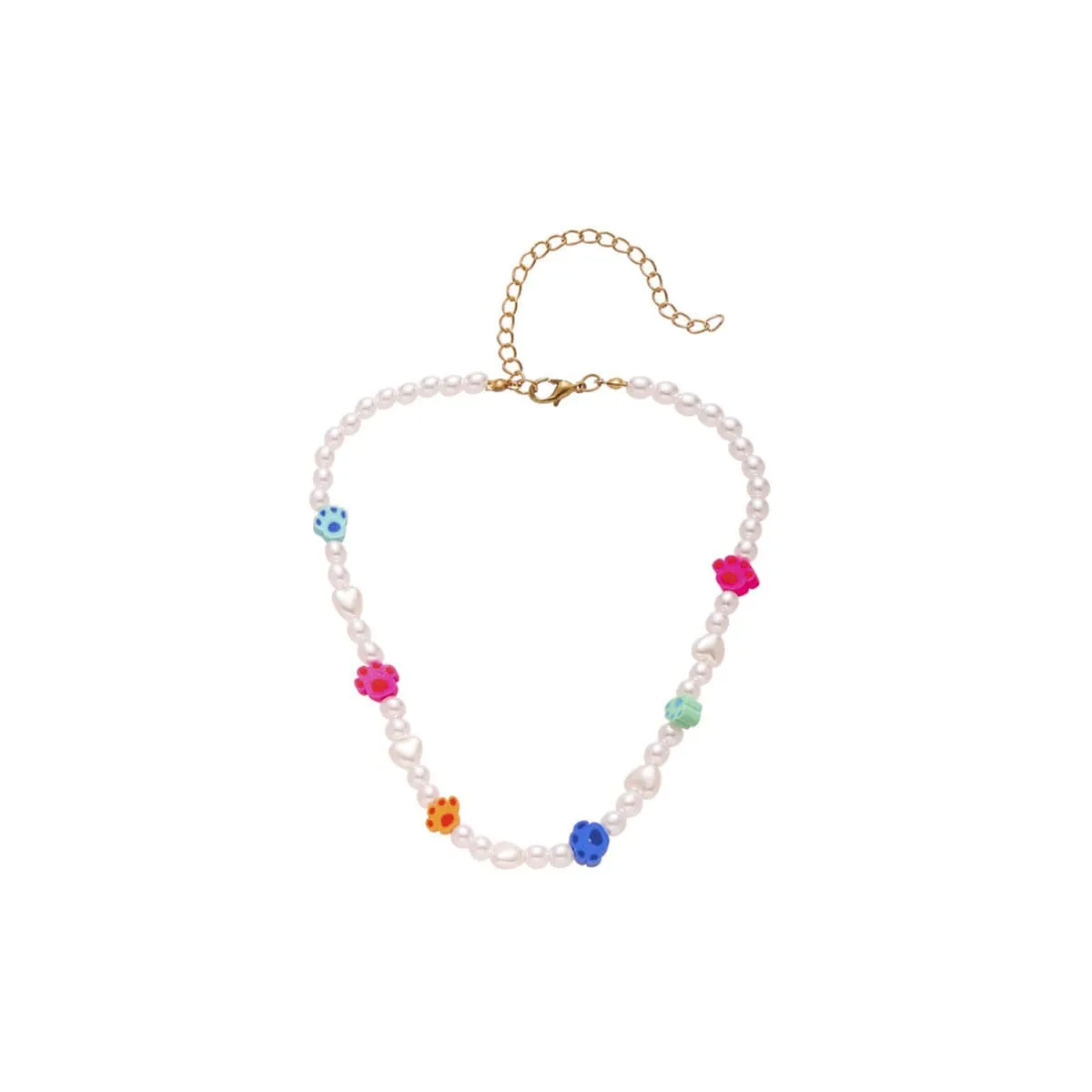 Multicolor Polymer Clay & Pearl Paw Beaded Choker Necklace