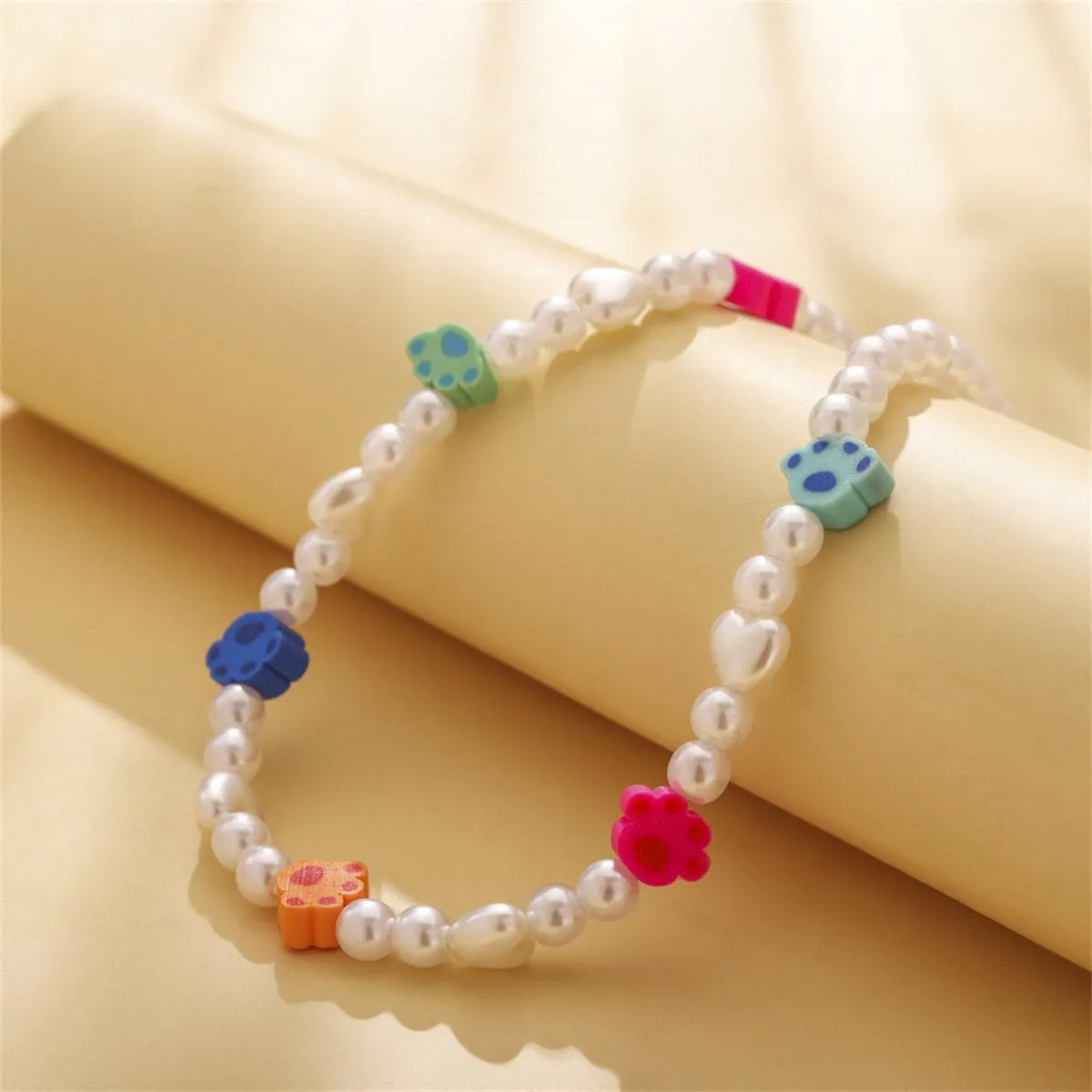 Multicolor Polymer Clay & Pearl Paw Beaded Choker Necklace