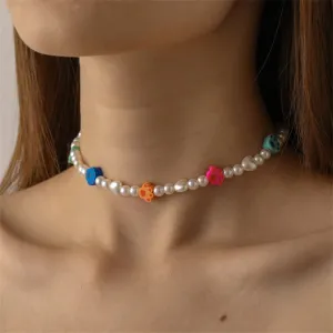 Multicolor Polymer Clay & Pearl Paw Beaded Choker Necklace