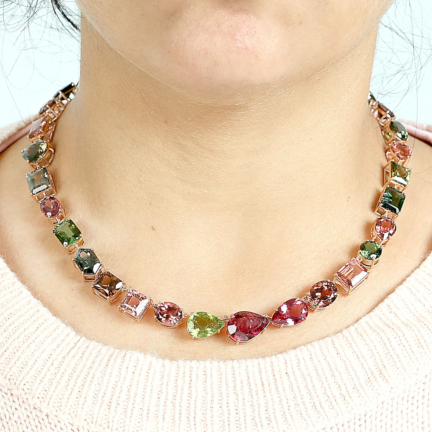 Multicolor Tourmaline Prong Set In 18k Rose Gold Beautiful Choker Necklace For Her