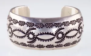 Navajo W. TAHE Stamp Design Sterling Silver Cuff Bracelet