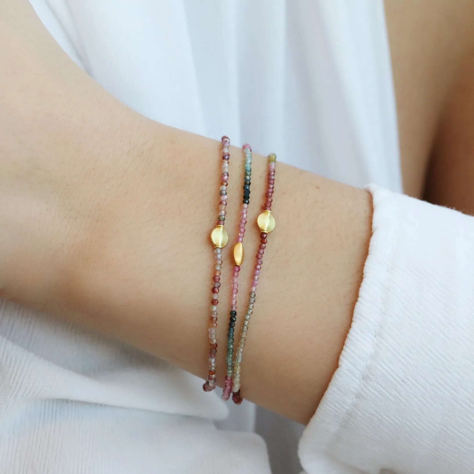 Ombre Pink, Green & Blue Tourmaline Faceted Beaded Bracelet with 18K Marquise Bead