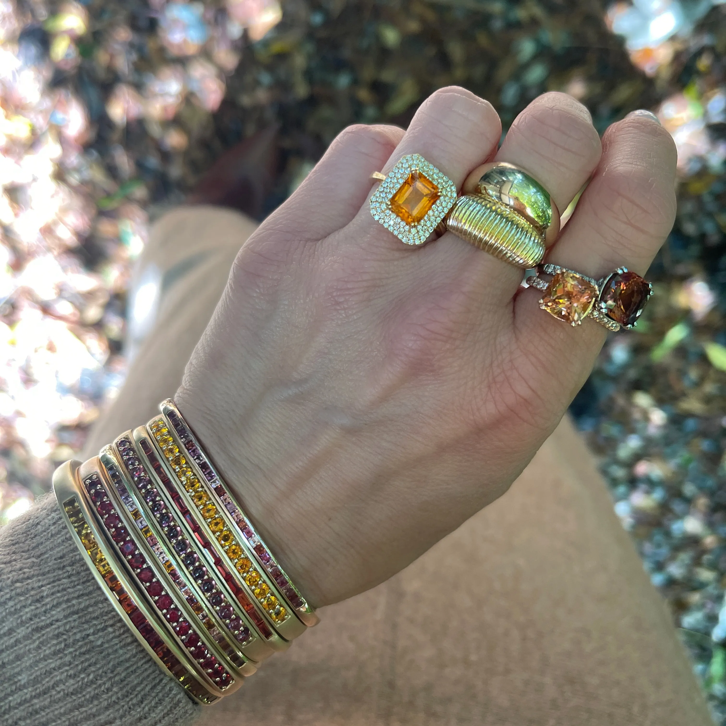 One of a Kind Hinged Oval Cuff Bracelet with Ombre Citrine & Red Garnet Squares