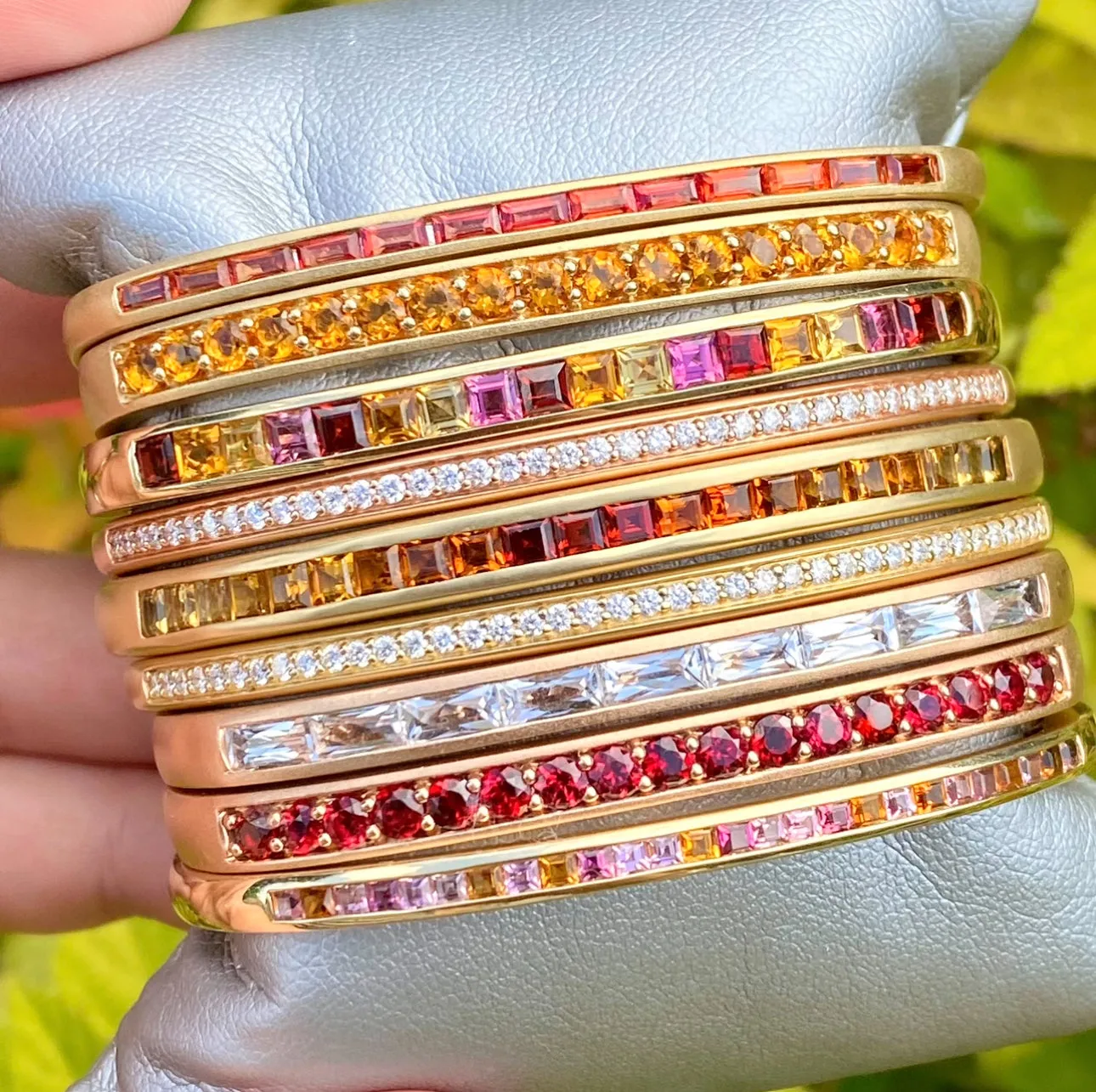 One of a Kind Hinged Oval Cuff Bracelet with Ombre Citrine & Red Garnet Squares