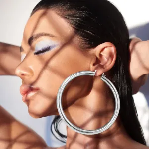 Oversized Chunky Silver Metal Pin Catch Hoop Earrings | 4" |  623945