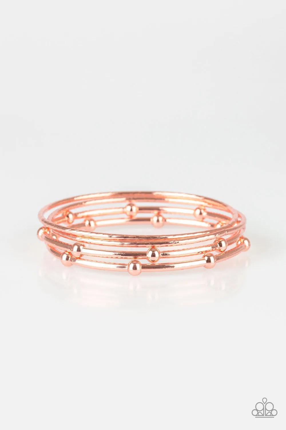 Paparazzi " Beauty Basic " Copper Metal Textured & Beaded Bangle Bracelet Set of 4