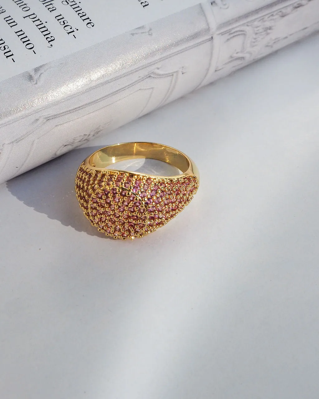 Pave Signet Ring- Pink- Gold