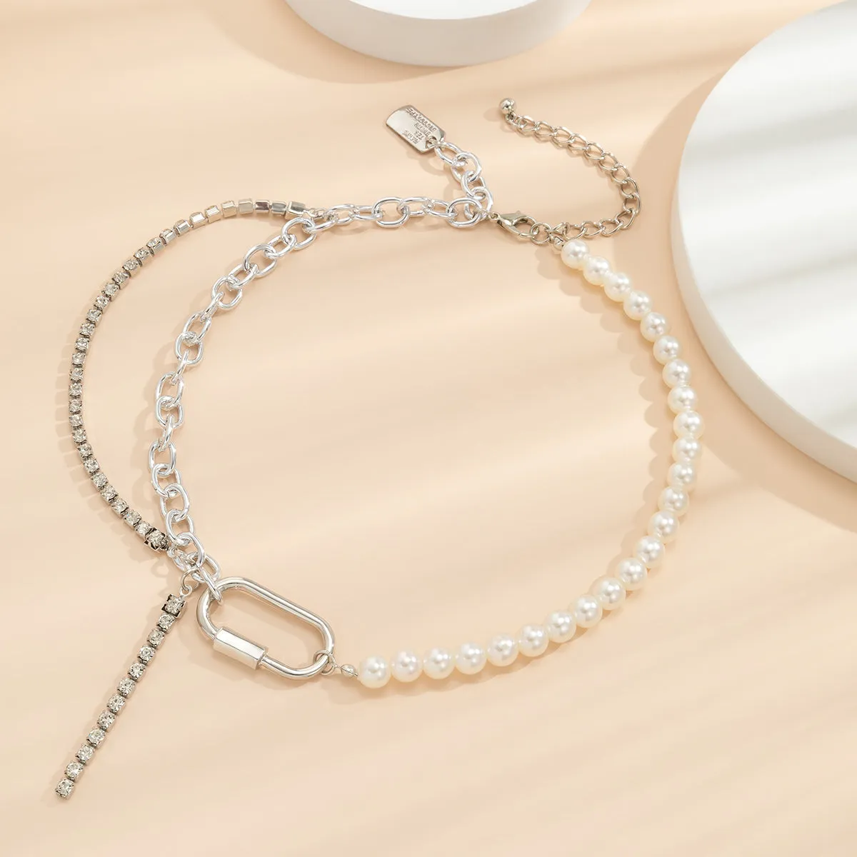 Pearl & Cubic Zirconia Silver-Plated Layered Patchwork Necklace