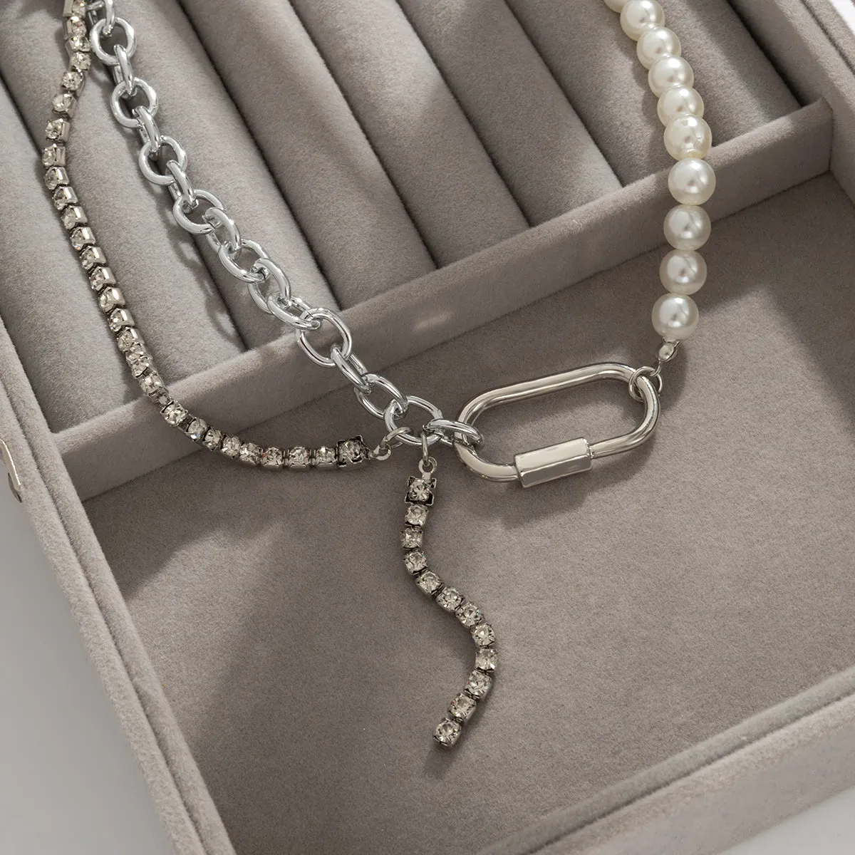 Pearl & Cubic Zirconia Silver-Plated Layered Patchwork Necklace